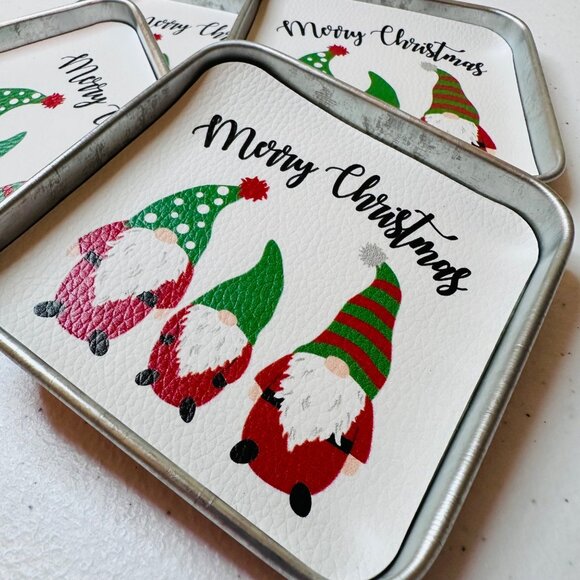 Holiday Christmas Gnome Coaster Set 4 tin coasters plus holder with handle - Picture 8 of 14